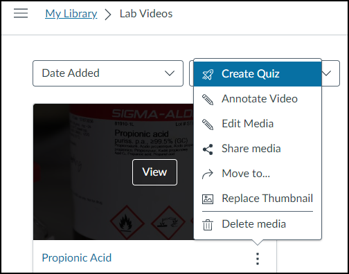 Screenshot of Create Quiz option in My Library